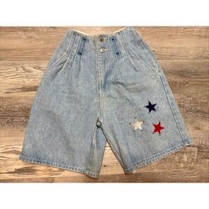 Vtg 80s High Waist‎ Mom Denim Pleated Front Star Appliques Cotton Jean Shorts S
